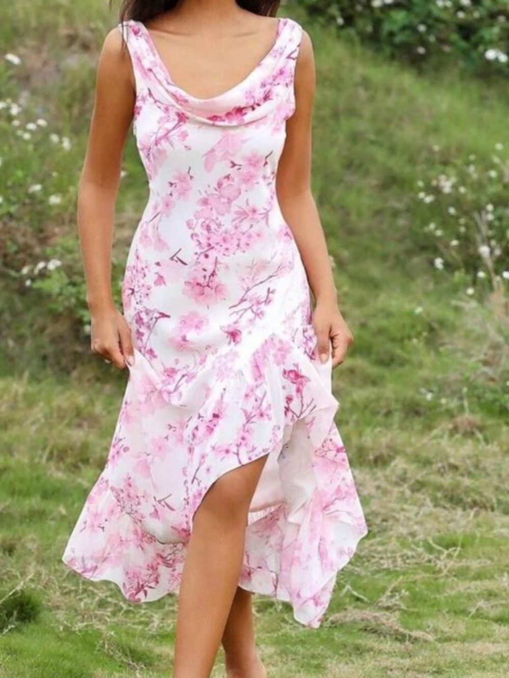 Floral Pink Cowl Neck Women's Dress